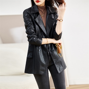2025春秋女新款修身真皮中长款时尚气质休闲软皮西装领皮衣风衣潮，女装皮衣，缘衣格