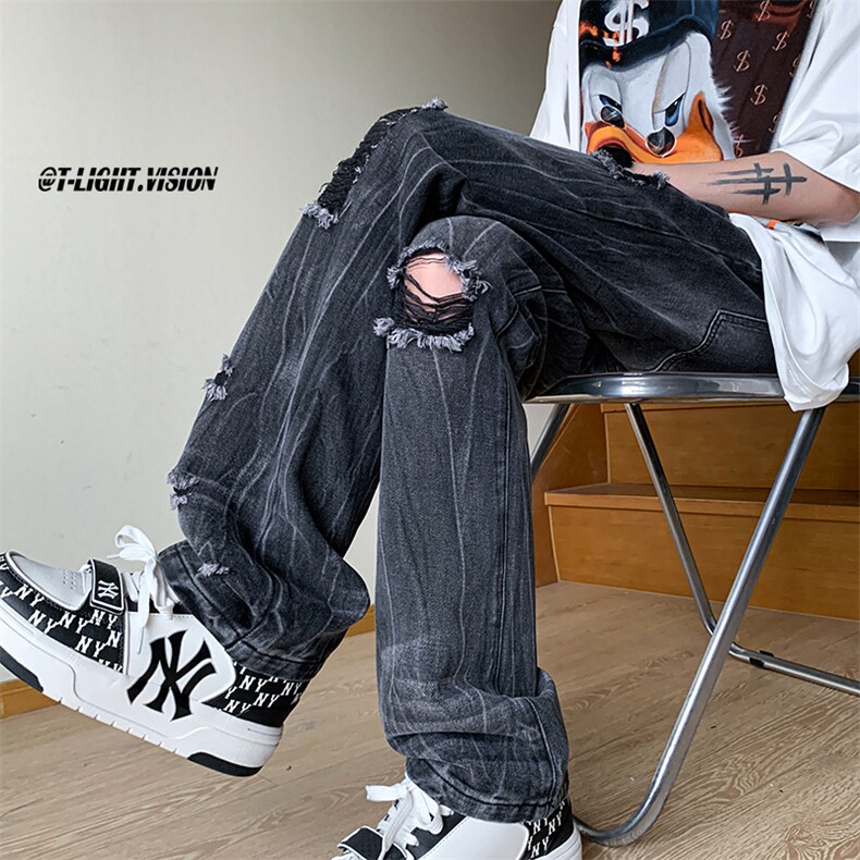 B221美式ins高街暗黑小众毛边破洞直筒牛仔裤LK23111-P60控78，男装牛仔裤，电商B221