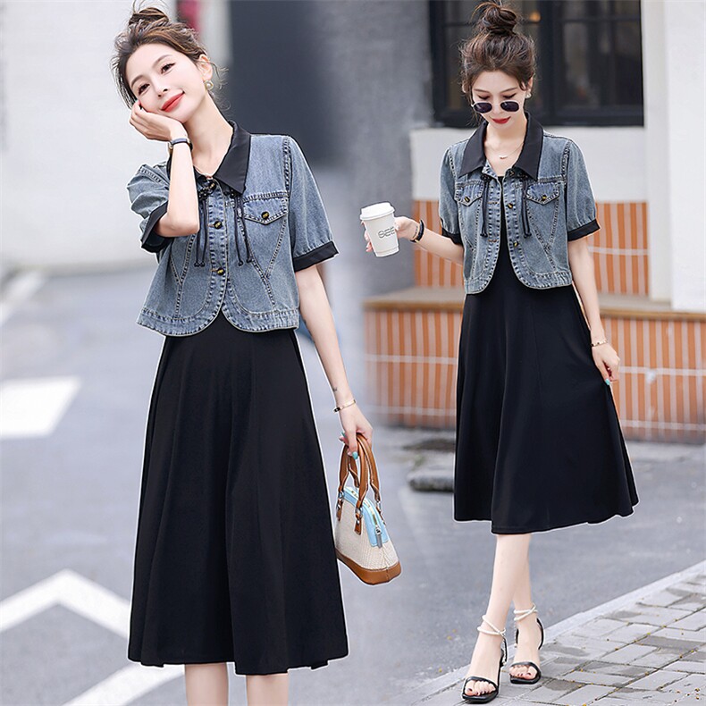 2024夏季新中式盘扣牛仔外套+针织吊带裙复古时尚两件套，女装连衣裙，超帛
