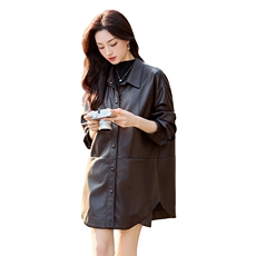 法式气质休闲女春季长袖2025新款漂亮拼接收腰显瘦皮大衣，女装皮衣，韩美纤衣