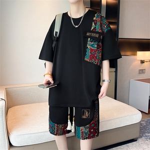 美式夏季薄款宽松百搭潮流拼色绣花大码两件套XZ102B-1TZ259P55图片