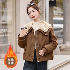 秋冬宽松超好看鹿皮绒棉服时尚减龄羊羔毛翻领夹棉加厚外套女，女装棉衣/棉服，韩蔻秀