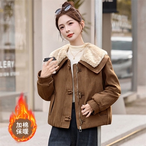 秋冬宽松超好看鹿皮绒棉服时尚减龄羊羔毛翻领夹棉加厚外套女图片