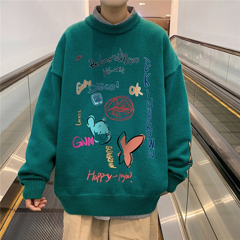 1港风日系宽松休闲情侣套头印花加厚毛衣男外套7696P55加绒P70,男装针织衫/毛衣,星座226-2