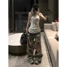 美式高街大破洞牛仔裤女夏ootd穿搭裤子辣妹宽松乞丐裤LA2044-P45，男装牛仔裤，星座1008