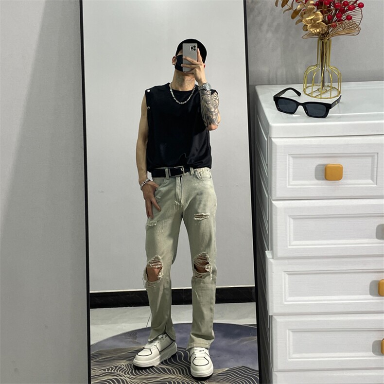 小个子美式hiphop水洗膝盖破洞牛仔裤男潮牌欧美高街JX525-P50,男装牛仔裤,星座1109-3
