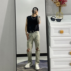 小个子美式hiphop水洗膝盖破洞牛仔裤男潮牌欧美高街JX525-P50，男装牛仔裤，星座1109-3