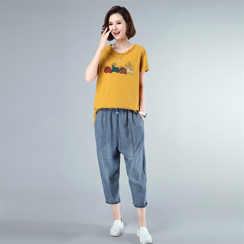 套装/套裙2021年夏季时尚圆领印花舒适牛仔裤插袋两件套，女装套装/套裙，独衣靓