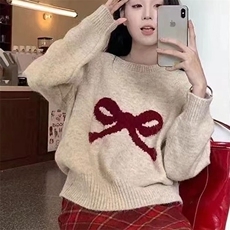 甜美蝴蝶结装饰宽松圆领针织衫可爱淑女风毛衣外套，女装针织衫/毛衣，萱芳婷羊绒