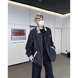 潮牌格子撞色翻领牛仔外套男女刺绣春秋情侣夹克上衣JK08365-P68图片