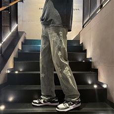 美式星星破洞牛仔裤男高街复古潮宽松直筒休闲阔腿长裤RK076-P59，男装牛仔裤，星座412