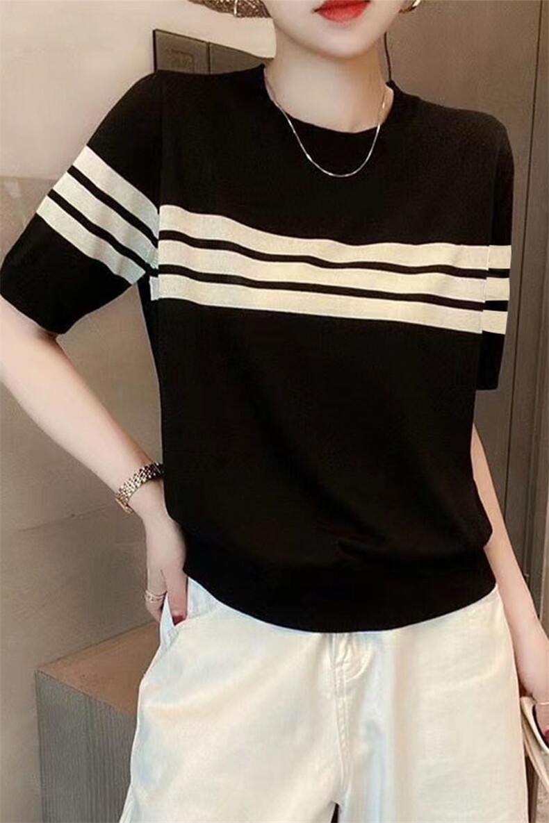 休闲舒适圆领套头打底衫夏季韩版减龄显瘦条纹冰丝针织衫短袖上衣,针织衫/毛衣,萱芳婷羊绒