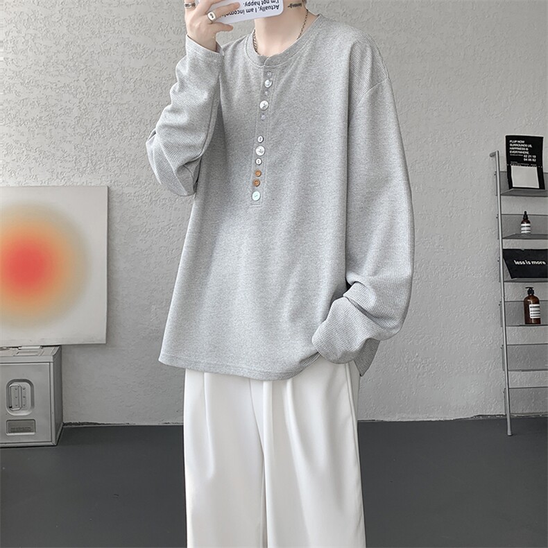 8XL-M慵懒肌理感华夫格廓形云母贝纽扣长袖T恤打底长袖CX3006P48,男装T恤,电商D206-1