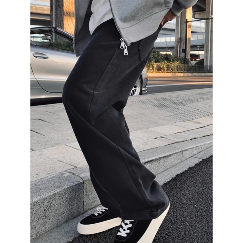 做旧直筒卫裤男秋冬加厚阔腿裤子慵懒风休闲长裤LM388-p50加绒58,男装休闲裤,星座1008