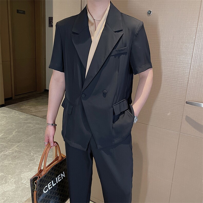 吴磊同款夏痞帅冰丝薄款短袖西服套装男时尚西装两件套TZ257-P150,男装西服,电商B267