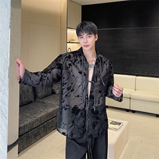 春夏新中式欧根纱植绒提花翻领长袖男女衬衣潮流复古防晒3555P95，男装衬衫，电商A246