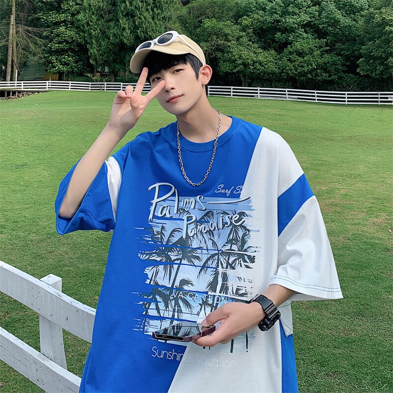 数据！设计感拼接撞色短T恤夏季宽松休闲男上衣XT228-P45控68,男装T恤,电商B370
