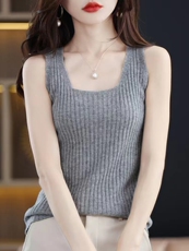 2025新款羊毛针织吊带女坑条百搭U领羊毛无袖修身羊绒打底衫背心，女装背心吊带，羿纯羊绒