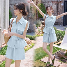 时尚短裤套装2025夏季新款韩版马卡龙色减龄时尚休闲阔腿裤两件套，女装套装/套裙，依路服饰