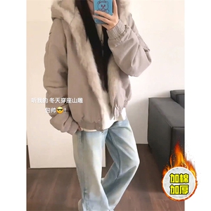 现货高品质美式高街冬季重磅硬挺短款座山雕毛领棉衣男女加厚外套图片
