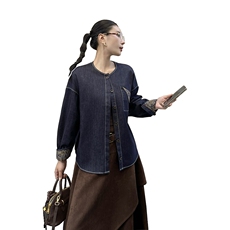 2025秋装新款复古印花宽松牛仔外套，女装牛仔外套，深水步