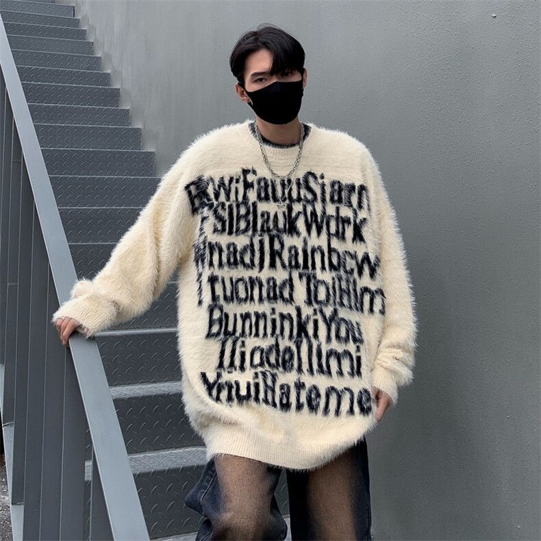 HY7035-P53 美式男女潮牌毛衣秋冬款复古马海毛慵懒风圆领针织衫图片
