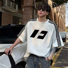 抖音得物品质二开240克宽松纯棉美式潮牌印花三条杠中性风短袖T恤，男装T恤，电商A486-1