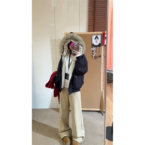 现货重磅boxy短款棉衣座山雕大毛毛领男女棉服水洗工装厚外套,中短黑色毛呢外套搭配图片