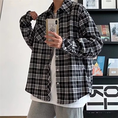 C27-P39经典百搭款复古黑白格子衬衫男宽松衬衣外套，男装衬衫，电商B323A