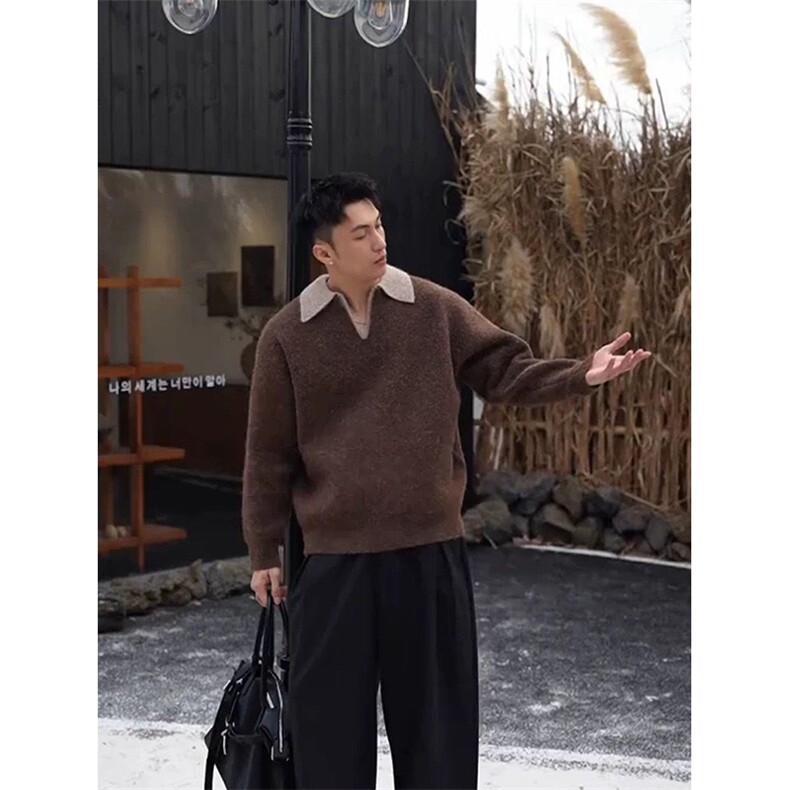 重磅北极绒假两件衬衫领毛衣美式高街复古休闲慵懒纯色翻领针织衫，男装针织衫/毛衣，电商A486-1