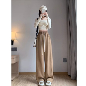 2025夏季新品简约休闲舒适百搭抽绳松紧腰显瘦高腰垂感直筒阔腿裤图片