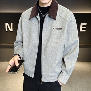 6022-M-2XL-P155店主风秋季男士休闲翻领拼色刺绣毛呢夹克外套男图片