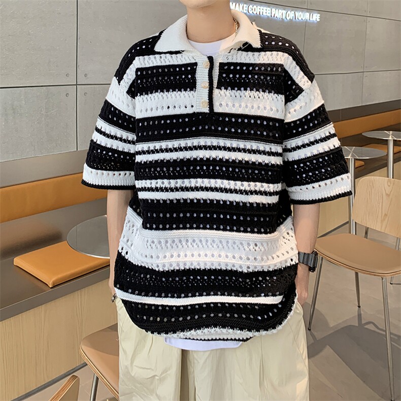 C347-P352024新款彩色翻领针织衫polo衫男夏季镂空条纹上衣现货，男装Polo衫，星座512-6