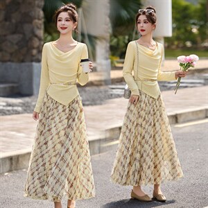 现货现货网纱格子半身裙女收腰2026春装新款超火穿搭一整套裙，女装套装/套裙，伊仟回