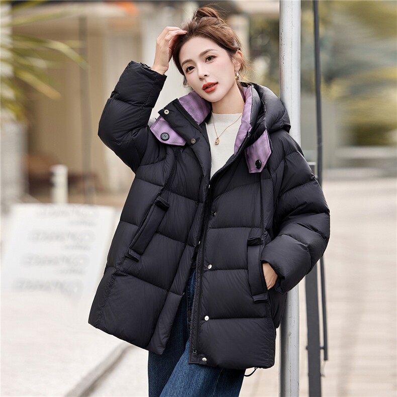 时尚撞色拼接90白鸭绒羽绒服2025冬季新款加厚连帽羽绒外套,女装羽绒服,沁沁公主