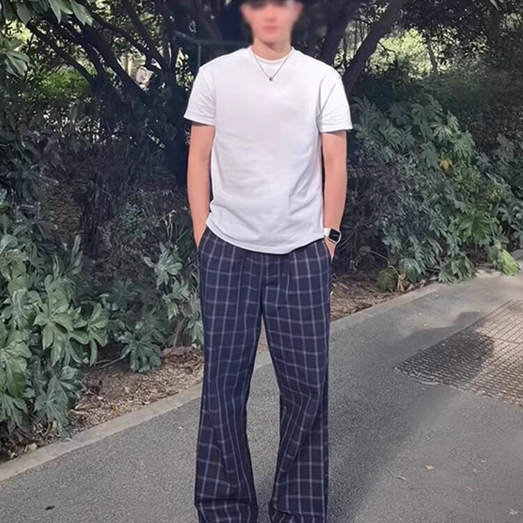 何以至此深蓝色格子长裤男款夏季薄款微喇弯刀裤子提档直筒休闲裤图片