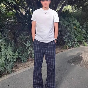 何以至此深蓝色格子长裤男款夏季薄款微喇弯刀裤子提档直筒休闲裤图片