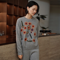 油画风绣花~100纯山羊绒衫宽松加厚女毛衣2025秋冬新圆领针织上衣，女装羊绒衫，绒知纯羊绒