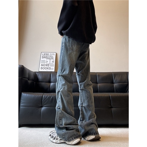 美式复古设计感褶皱牛仔裤男宽松微喇叭vibe显瘦高街痞帅嘻哈裤子图片