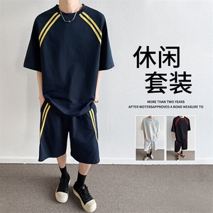 休闲运动套装男士夏季薄款拼色短袖t恤短裤酷帅两件套搭配男装潮图片