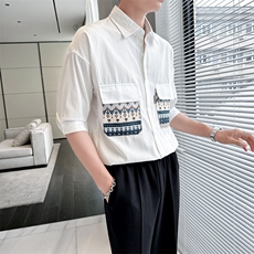 现货2025春季男士高品质衬衫轻奢风七分袖口袋宽松衬衣901C32P58，男装衬衫，星座901