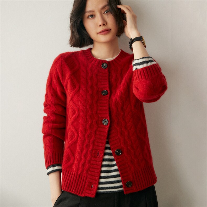 2024年秋冬季圆领四股重磅麻花开衫35%羊绒衫，女装羊绒衫，绒创羊绒