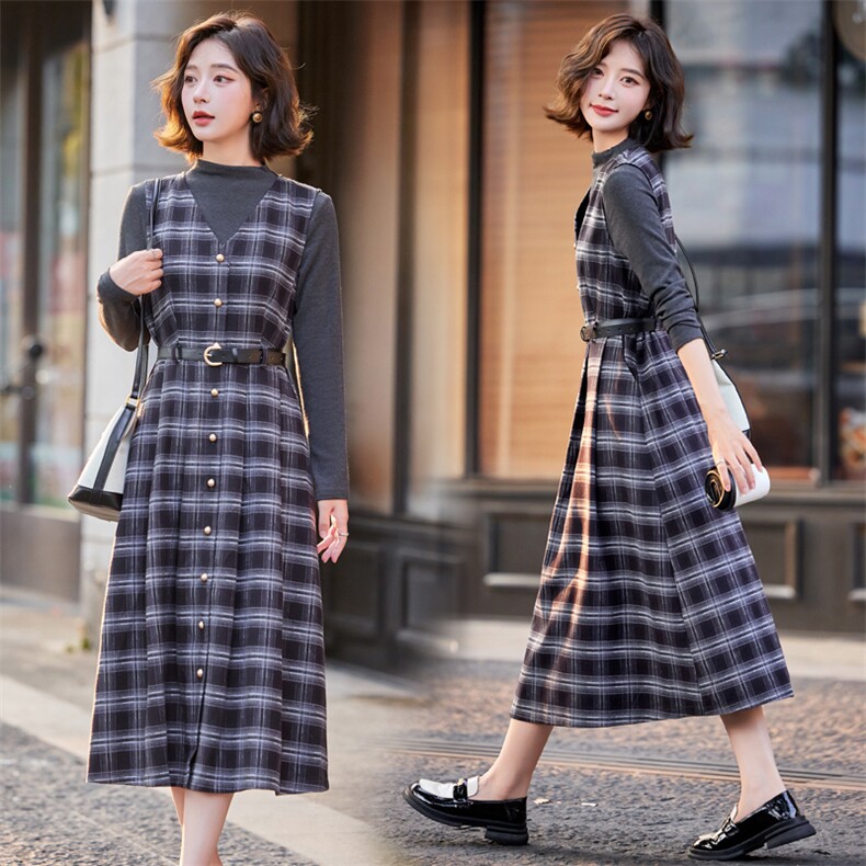 欧货复古格纹修身连衣裙套装2025春新款洋气流行气质显瘦过膝长裙，女装套装/套裙，意芙