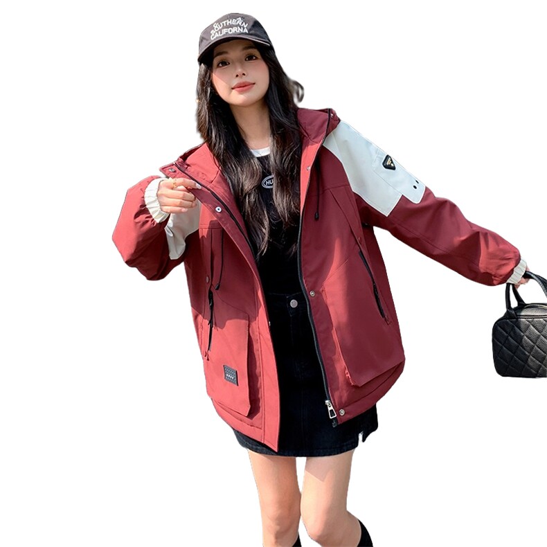 安哥拉红拼色工装冲锋衣连帽加绒外套2025冬2C057-9922-P195-K298,女装派克服,2C057