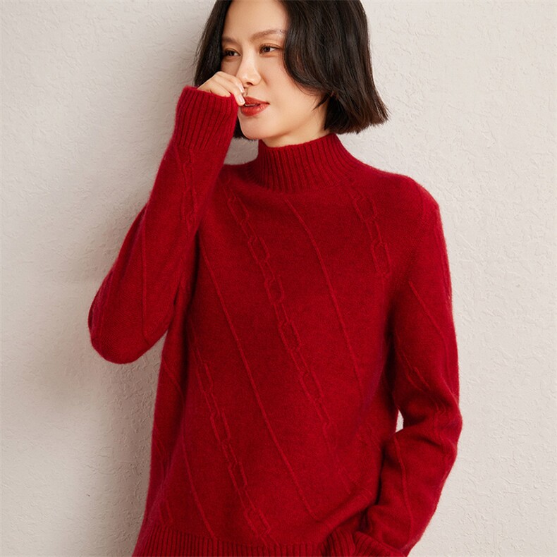 秋冬季35%羊绒65%羊毛休闲百搭七针链条半高领羊绒衫,女装羊绒衫,广悦羊绒