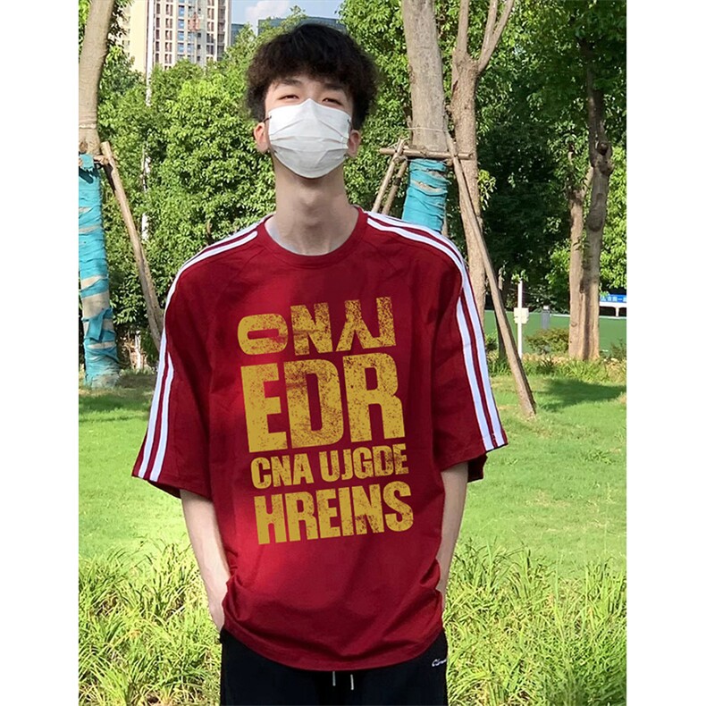 抖音得物高品质二开240克宽松纯棉美式潮牌三条杠织带短袖T恤,男装T恤,电商A486