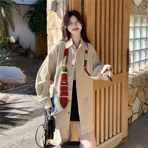oversize撞色领带灯芯绒衬衫女春秋2026新款独特设计感学院风上衣图片