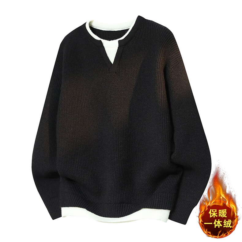 复古拼接假两件毛衣男加绒加厚保暖宽松针织衫B6012JR-特价P60图片