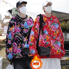 B203冬新套头圆领东北大花风民族特色加绒保暖卫衣小衫男女潮，男装卫衣，星座115A(原星座507）