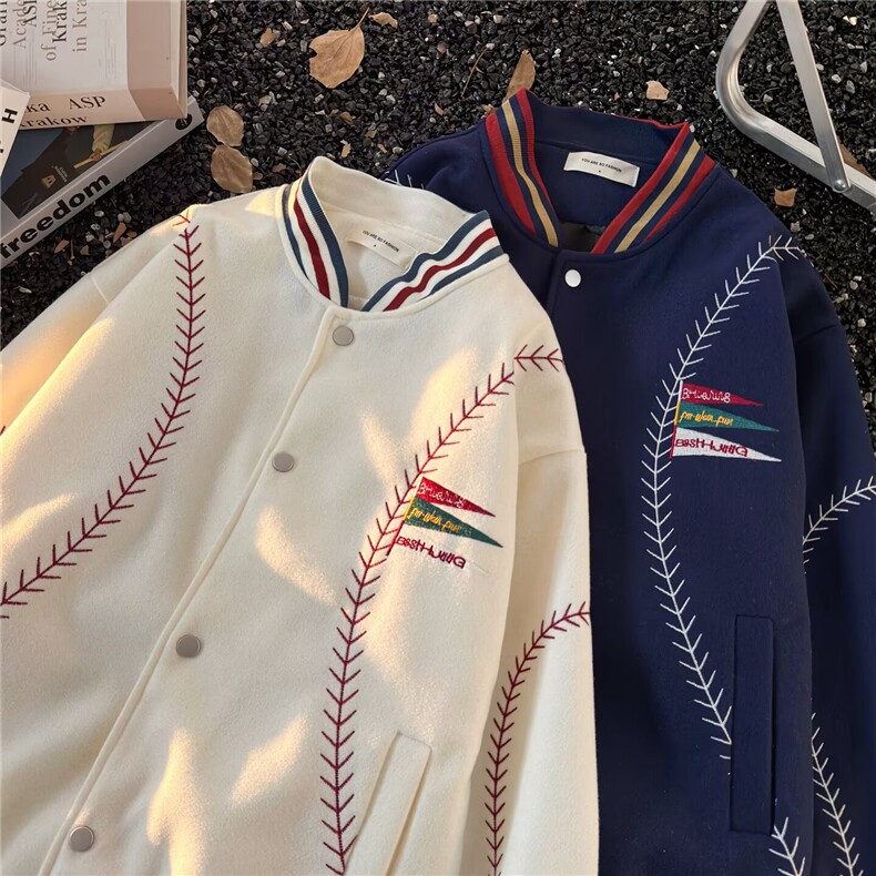美式复古刺绣撞色毛呢棒球服男女秋冬季宽松情侣装休闲外套,女装短外套,星座601-1